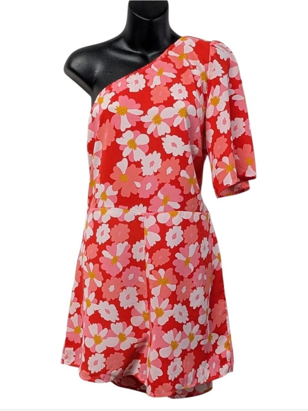 One-Shoulder Red Floral Romper with Pink Blossom Print Excellent Condition